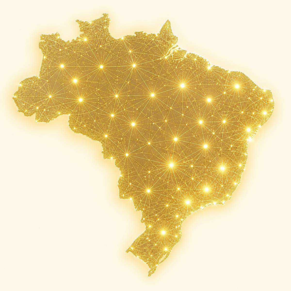 Mapa do Brasil composto por pontos dourados representando conexões nacionais